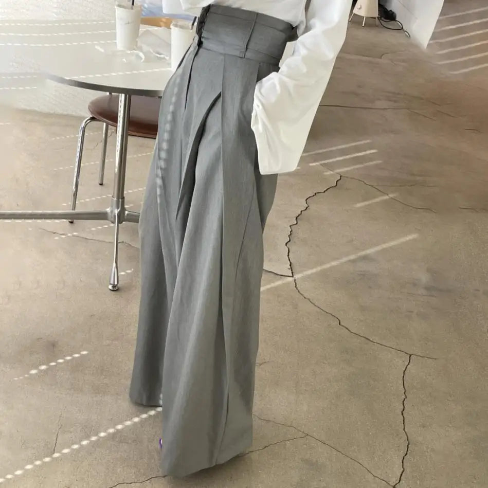 TAMBREET Women Long Pants Wide Leg Pant Solid Casual Regular Loose Simple Elegant Splice Tight High Waist Capris Autumn Trousers