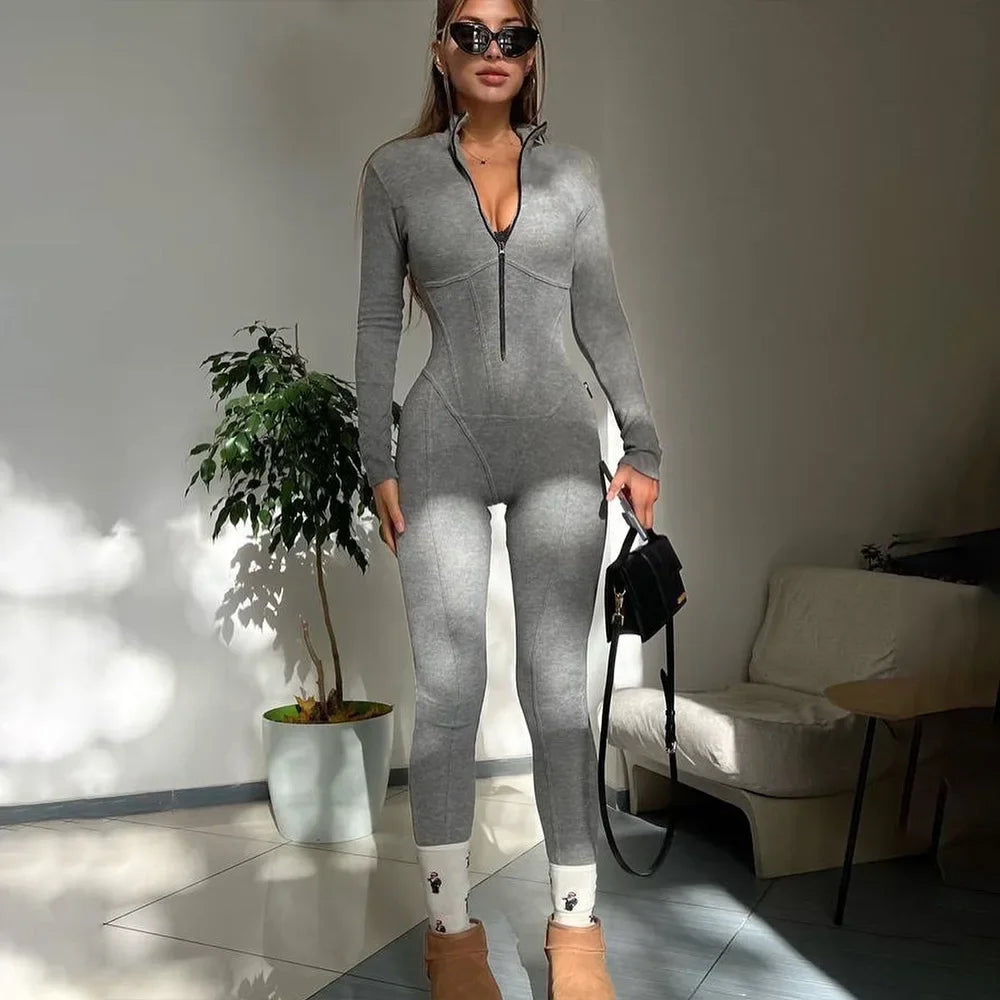 TAMBREET Women Long Sleeve Zipper Jumpsuits 2024 Autumn Winter High Waist Skinny Corset Overalls Female Fitness Sports Yoga Bodysuits