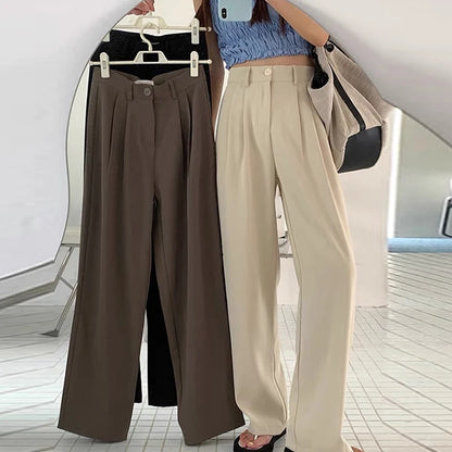 TAMBREET Women Loose Straight Wide Leg Pants Basic All-Match High Waist Suit Pants Office Lady's Casual Elegant Trousers Summer Trend