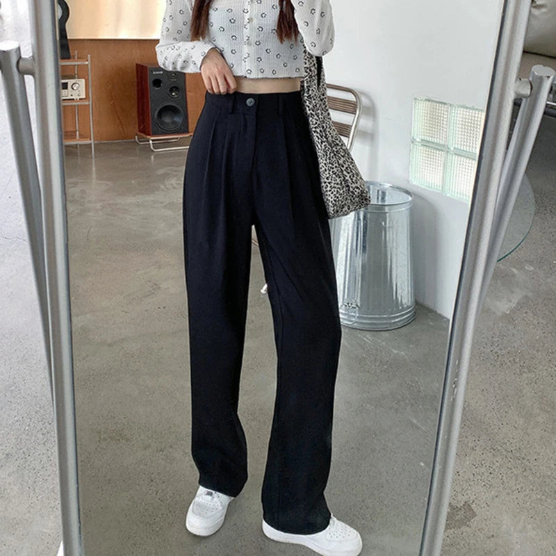 TAMBREET Women Loose Straight Wide Leg Pants Basic All-Match High Waist Suit Pants Office Lady's Casual Elegant Trousers Summer Trend