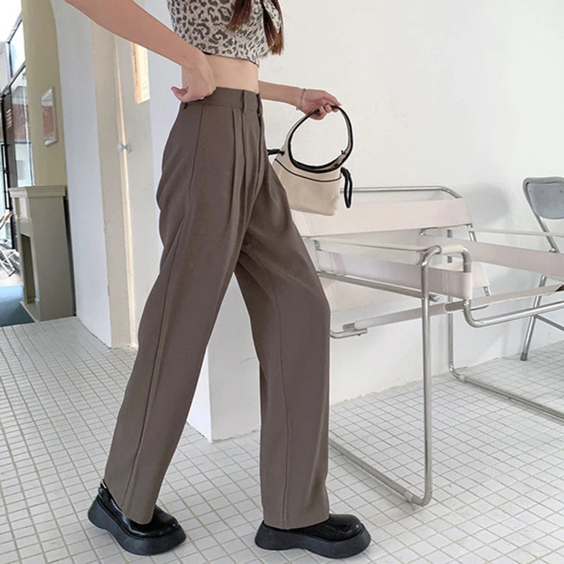 TAMBREET Women Loose Straight Wide Leg Pants Basic All-Match High Waist Suit Pants Office Lady's Casual Elegant Trousers Summer Trend