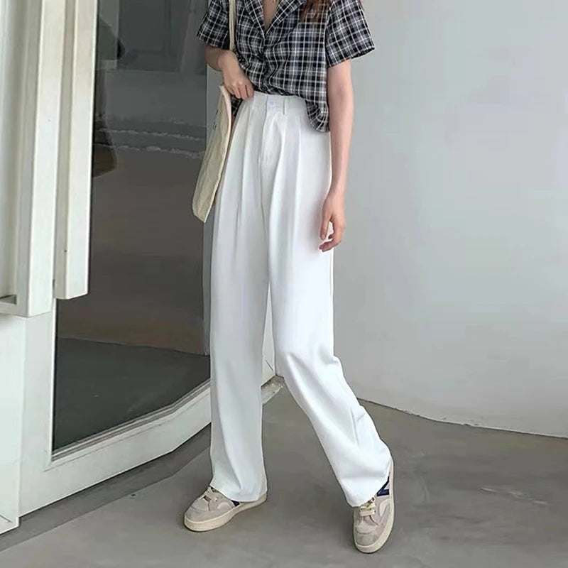 TAMBREET Women Loose Straight Wide Leg Pants Basic All-Match High Waist Suit Pants Office Lady's Casual Elegant Trousers Summer Trend