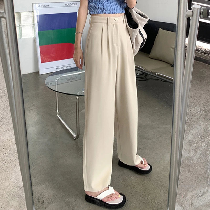 TAMBREET Women Loose Straight Wide Leg Pants Basic All-Match High Waist Suit Pants Office Lady's Casual Elegant Trousers Summer Trend