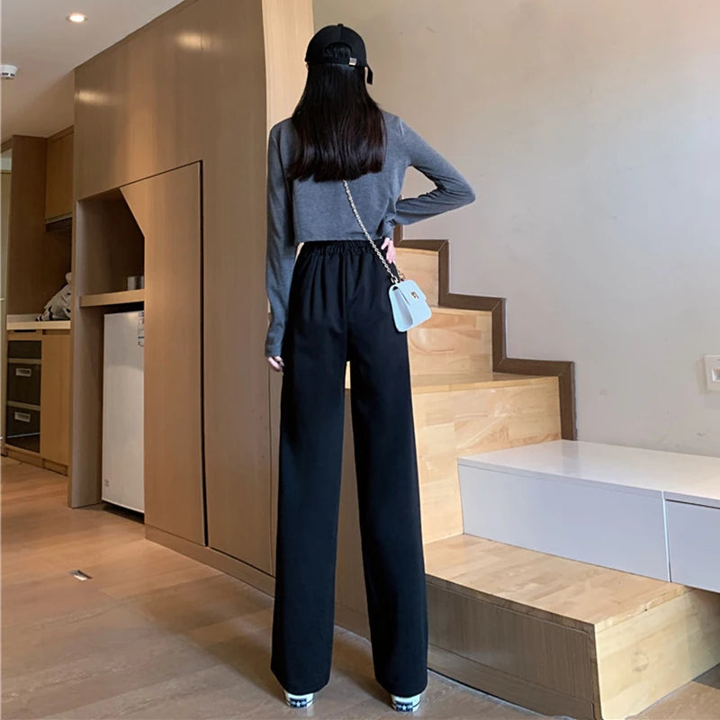 TAMBREET Women Loose Straight Wide Leg Pants Basic All-Match High Waist Suit Pants Office Lady's Casual Elegant Trousers Summer Trend