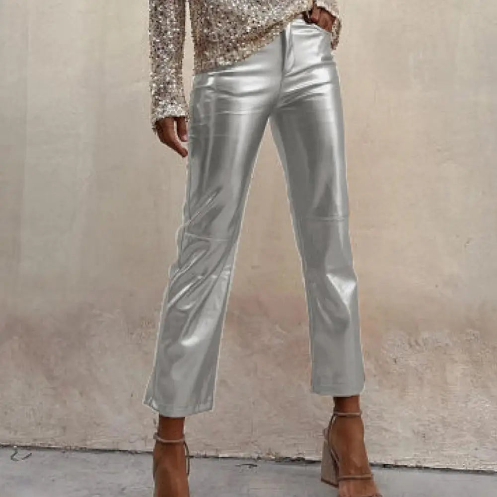 TAMBREET Women Metallic Straight-Leg PU Pants Faux Leather Mid Waist Zipper Breathable Club Party Lady Ninth Pants pantalones de mujer