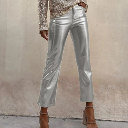 TAMBREET Women Metallic Straight-Leg PU Pants Faux Leather Mid Waist Zipper Breathable Club Party Lady Ninth Pants pantalones de mujer