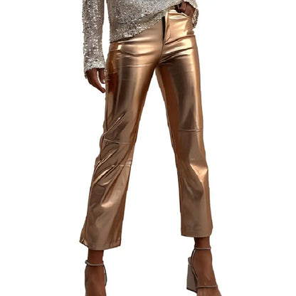 TAMBREET Women Metallic Straight-Leg PU Pants Faux Leather Mid Waist Zipper Breathable Club Party Lady Ninth Pants pantalones de mujer