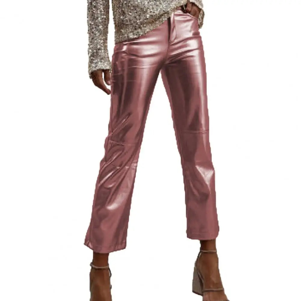 TAMBREET Women Metallic Straight-Leg PU Pants Faux Leather Mid Waist Zipper Breathable Club Party Lady Ninth Pants pantalones de mujer