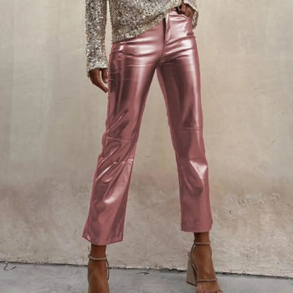 TAMBREET Women Metallic Straight-Leg PU Pants Faux Leather Mid Waist Zipper Breathable Club Party Lady Ninth Pants pantalones de mujer