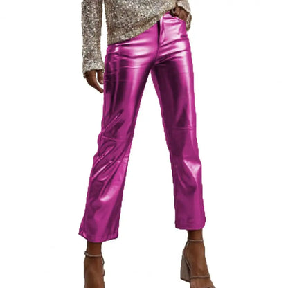 TAMBREET Women Metallic Straight-Leg PU Pants Faux Leather Mid Waist Zipper Breathable Club Party Lady Ninth Pants pantalones de mujer