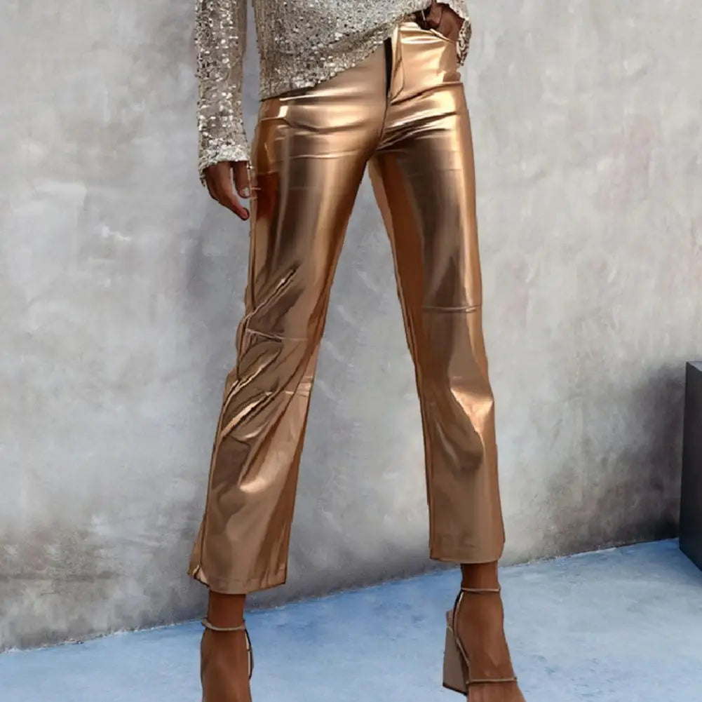 TAMBREET Women Metallic Straight-Leg PU Pants Faux Leather Mid Waist Zipper Breathable Club Party Lady Ninth Pants pantalones de mujer