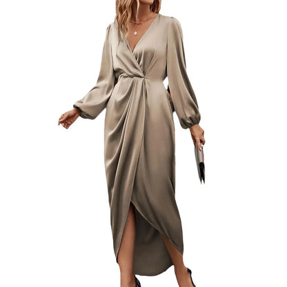 TAMBREET Women New Long Dress Elegant Round Neck Satin Bubble Sleeves Dress Autumn Long Sleeve Lady Midi Slim Evening Party Dresses