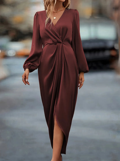 TAMBREET Women New Long Dress Elegant Round Neck Satin Bubble Sleeves Dress Autumn Long Sleeve Lady Midi Slim Evening Party Dresses