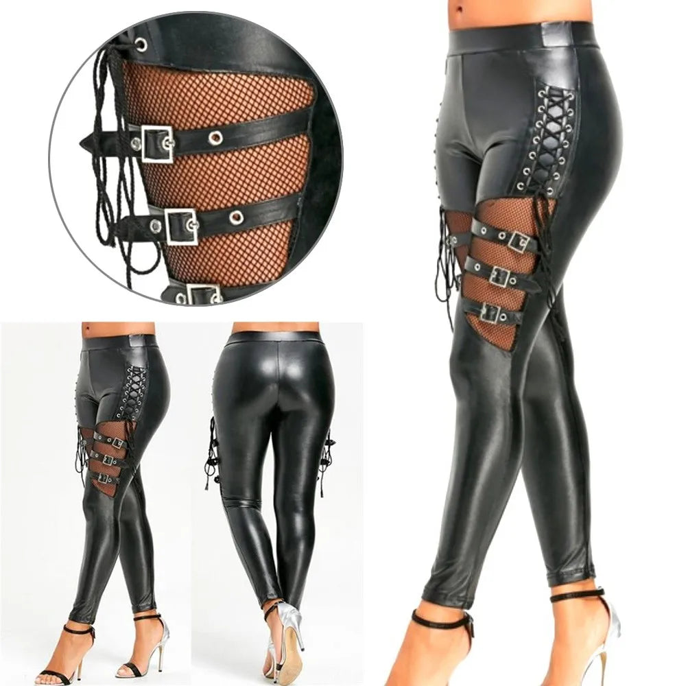 TAMBREET Women PU Leather Skinny Slim Trouser Gothic Punk Leggings Fishnet Trim Lace Pant Faux PU Leather  Pencil Pants 2021 Clothing