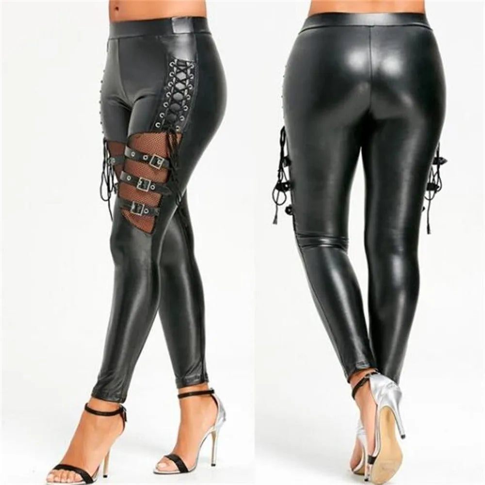 TAMBREET Women PU Leather Skinny Slim Trouser Gothic Punk Leggings Fishnet Trim Lace Pant Faux PU Leather  Pencil Pants 2021 Clothing