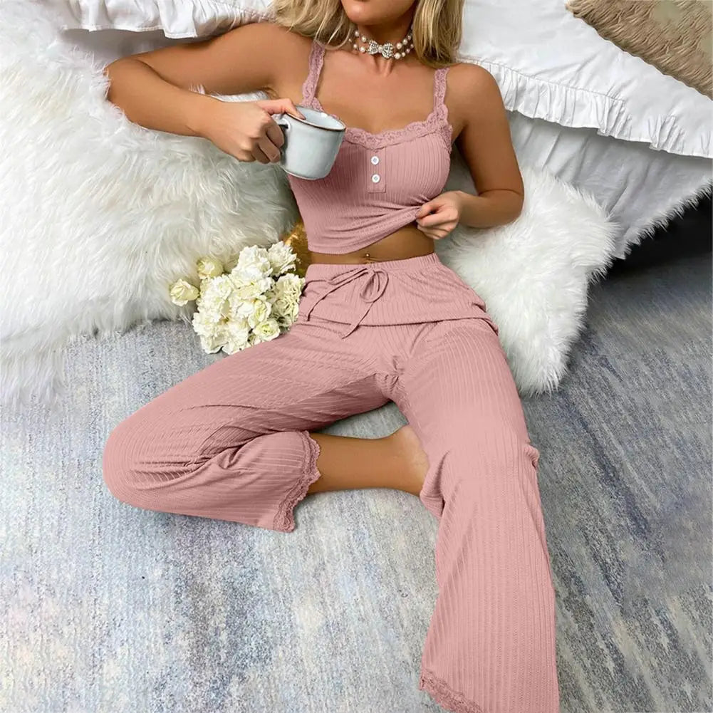 TAMBREET Women Pajama Set Women Casual Two-piece Set Women's Summer Pajamas Set with Low-cut V Neck Tank Top High Elastic Waist Trousers