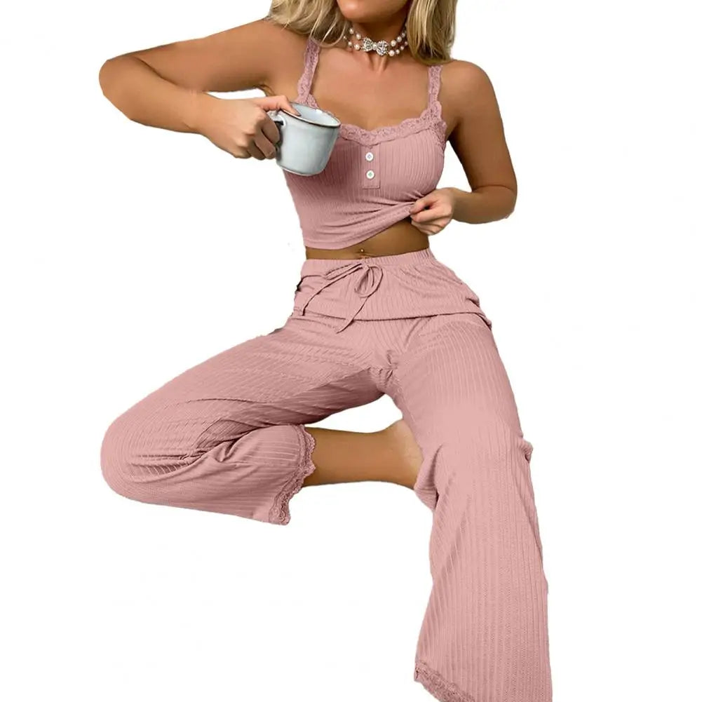 TAMBREET Women Pajama Set Women Casual Two-piece Set Women's Summer Pajamas Set with Low-cut V Neck Tank Top High Elastic Waist Trousers