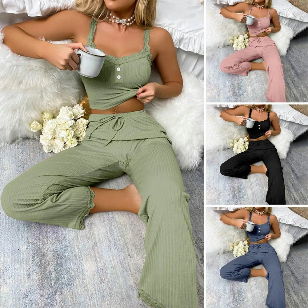 TAMBREET Women Pajama Set Women Casual Two-piece Set Women's Summer Pajamas Set with Low-cut V Neck Tank Top High Elastic Waist Trousers