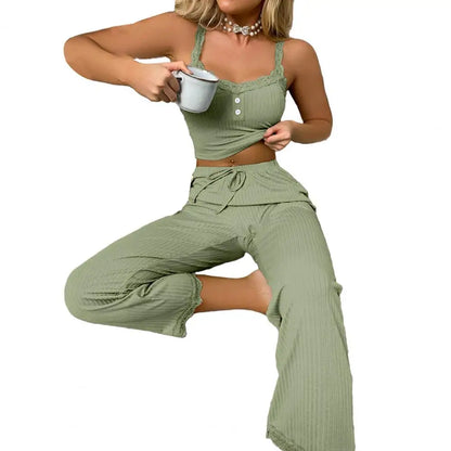 TAMBREET Women Pajama Set Women Casual Two-piece Set Women's Summer Pajamas Set with Low-cut V Neck Tank Top High Elastic Waist Trousers