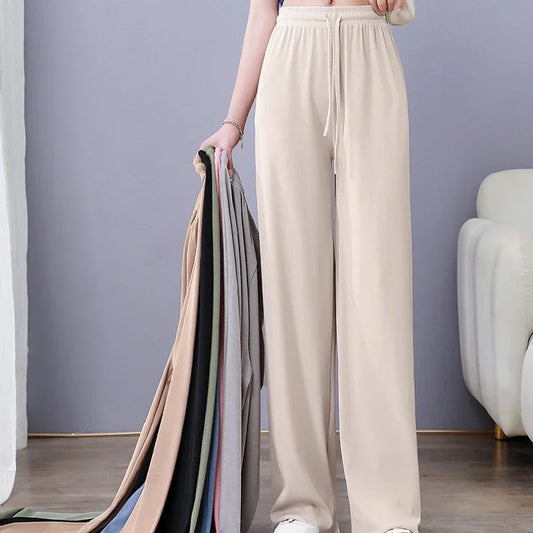 TAMBREET Women Pants 2024 New Spring Summer Ice Silk Wide Leg Pants High Waist Casual Female Slim Loose Straight Black Trousers