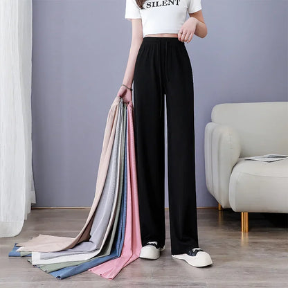 TAMBREET Women Pants 2024 New Spring Summer Ice Silk Wide Leg Pants High Waist Casual Female Slim Loose Straight Black Trousers