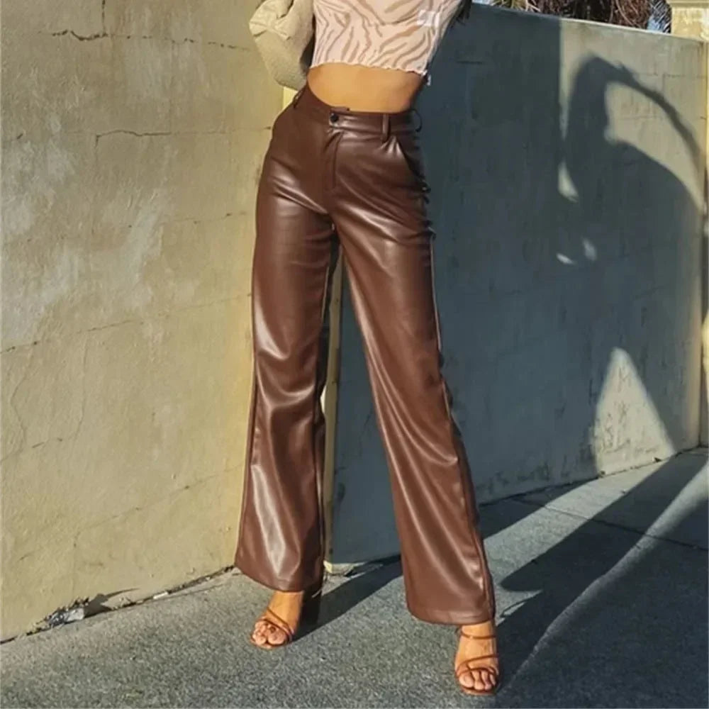 TAMBREET Women' S Autumn/winter New Fashion Solid Color PU Micro-trumpet Leather Pants, Loose and Casual High Waist Long Leather Pants