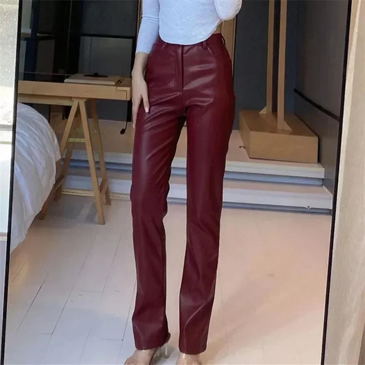 TAMBREET Women' S Autumn/winter New Fashion Solid Color PU Micro-trumpet Leather Pants, Loose and Casual High Waist Long Leather Pants