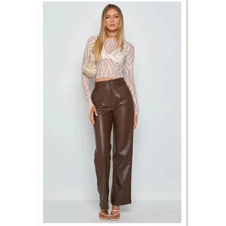 TAMBREET Women' S Autumn/winter New Fashion Solid Color PU Micro-trumpet Leather Pants, Loose and Casual High Waist Long Leather Pants