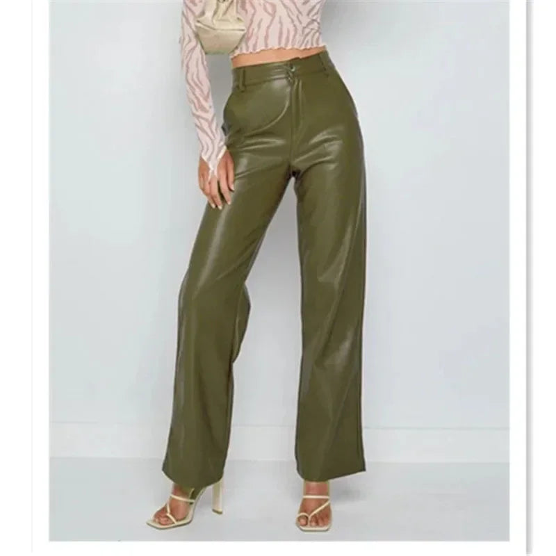 TAMBREET Women' S Autumn/winter New Fashion Solid Color PU Micro-trumpet Leather Pants, Loose and Casual High Waist Long Leather Pants