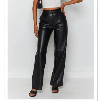 TAMBREET Women' S Autumn/winter New Fashion Solid Color PU Micro-trumpet Leather Pants, Loose and Casual High Waist Long Leather Pants