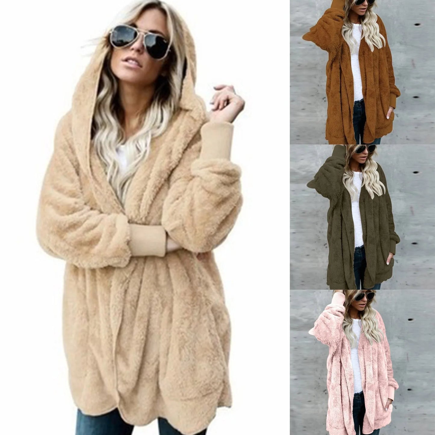 TAMBREET Women'S Fashion Hooded Jacket Winter Long Sleeve Printed Cat Double Faced Plush Coat Roupas Femininas Chaqueta Mujer Winter