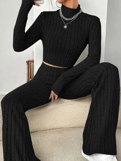 TAMBREET Women'S Stand Collar Knit Striped Long Sleeve T-Shirt And Pants Two Piece Set