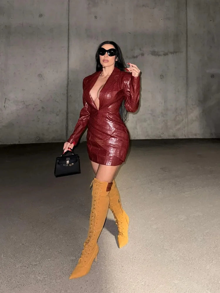 TAMBREET Women Sexy Deep V Red Lattice Leather Mini Dress Fashion Long Sleeve High Waist Fold Slim Dresses Lady New Highstreet Short Robe