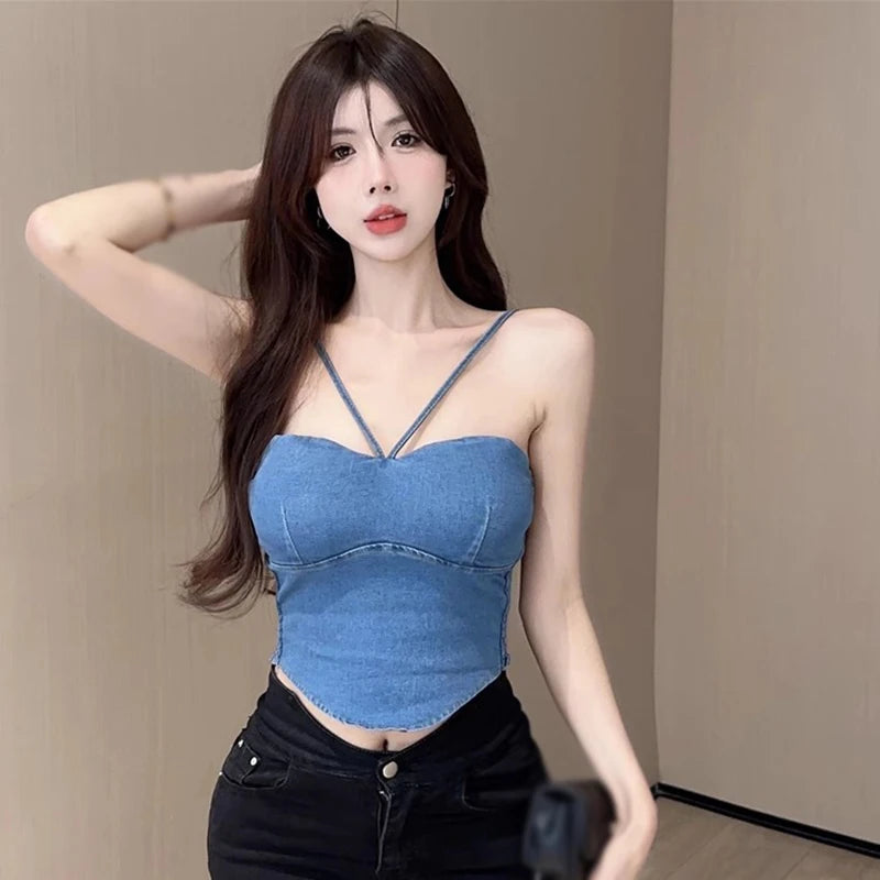 TAMBREET Women Sexy Denim Camisole Slim Tank Top With Built In Bra Female Jeans Crop Tops Summer Club Party Cropped Top Vest Streetwear