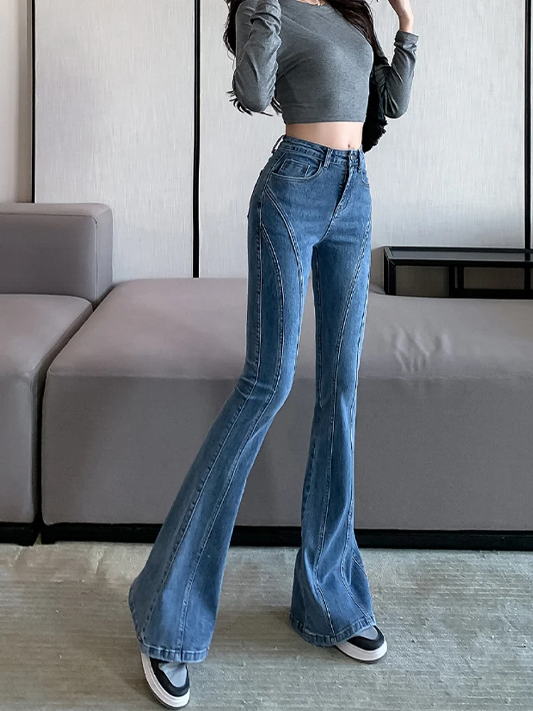 TAMBREET Women Sexy Push Up High Waist Wide Leg Skinny Pants Spring Autumn Stretchy Long Denim Pants Lady Trousers Casual Slim Fit Jeans