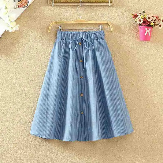 TAMBREET  Women Single-Breasted High-Waist Mid-Length Skirt Solid Color Denim Skirt