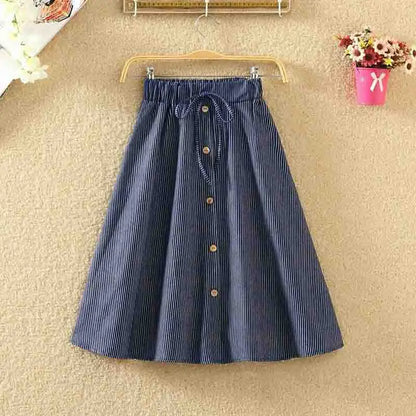 TAMBREET  Women Single-Breasted High-Waist Mid-Length Skirt Solid Color Denim Skirt