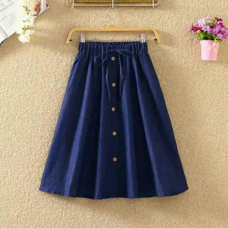 TAMBREET  Women Single-Breasted High-Waist Mid-Length Skirt Solid Color Denim Skirt