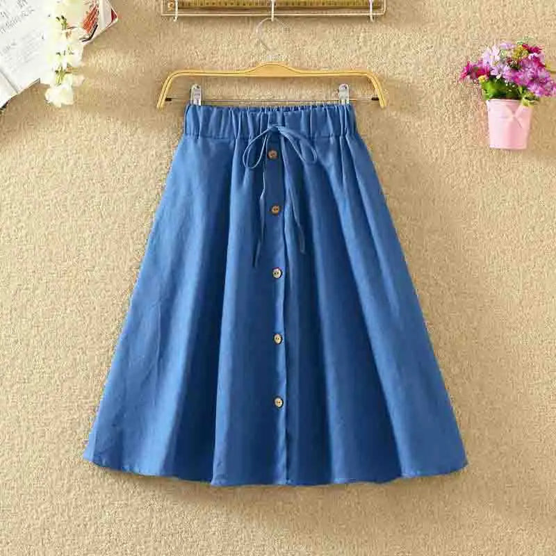 TAMBREET  Women Single-Breasted High-Waist Mid-Length Skirt Solid Color Denim Skirt