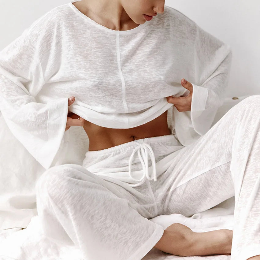 TAMBREET Women Sleepwear Sexy White Fashionable Long Sleeved Pants and Pajamas Two-piece Wholesale Women's Home Clothing Pijama 란제리