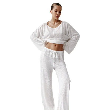 TAMBREET Women Sleepwear Sexy White Fashionable Long Sleeved Pants and Pajamas Two-piece Wholesale Women's Home Clothing Pijama 란제리