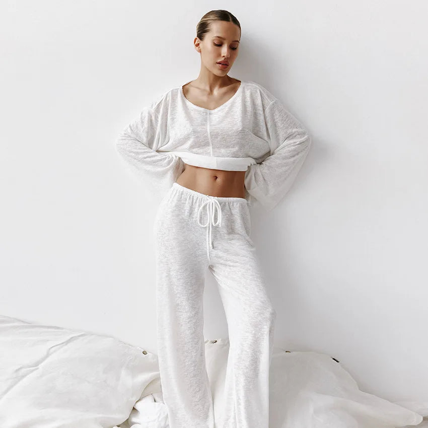 TAMBREET Women Sleepwear Sexy White Fashionable Long Sleeved Pants and Pajamas Two-piece Wholesale Women's Home Clothing Pijama 란제리