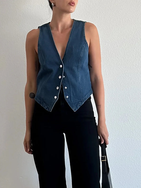 TAMBREET Women Sleeveless Denim Vest V Neck Button Up Jean Waistcoat Vest with Pockets Casual Vintage Denim Crop Streetwear