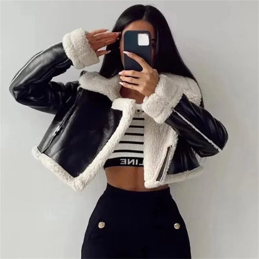 TAMBREET Women Solid Cropped Leather Jacket Zipper Long Sleeves 2024  Autumn Winter Coat Vintage Female Chic Lady Outfits Short  Jackets