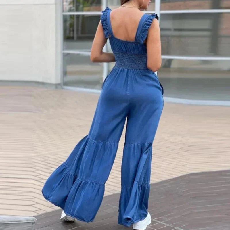 TAMBREET Women Solid Imitation Denim Jumpsuits Spring V Neck High Waist Straight Playsuits Summer Backless Wide Leg Pleated Pants Rompers