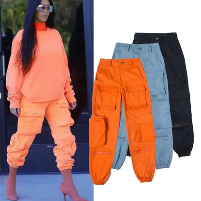 TAMBREET Women Spring Overalls Fashion Boyfriend Loose Casual Jogger Pants Hip Hop Streetwear High Waist Cargo pants Female Blue Trousers