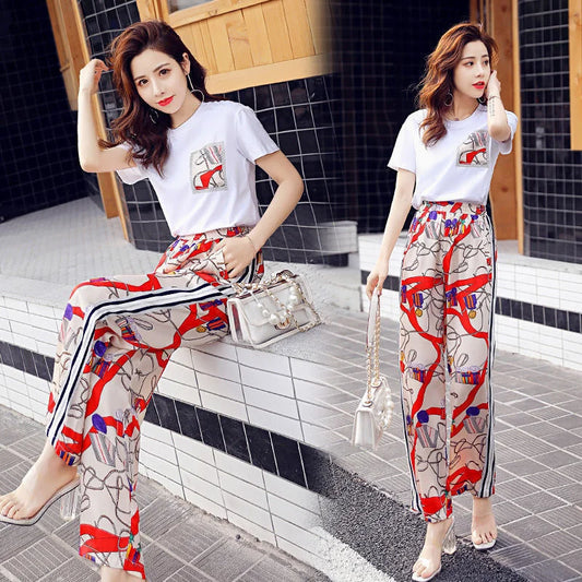 TAMBREET Women Suit 2024 Summer New Korean Style Short Sleeve Tops Fashion Wide Leg Pants 2 Two Piece Set Casual Plus Size Female Outfits