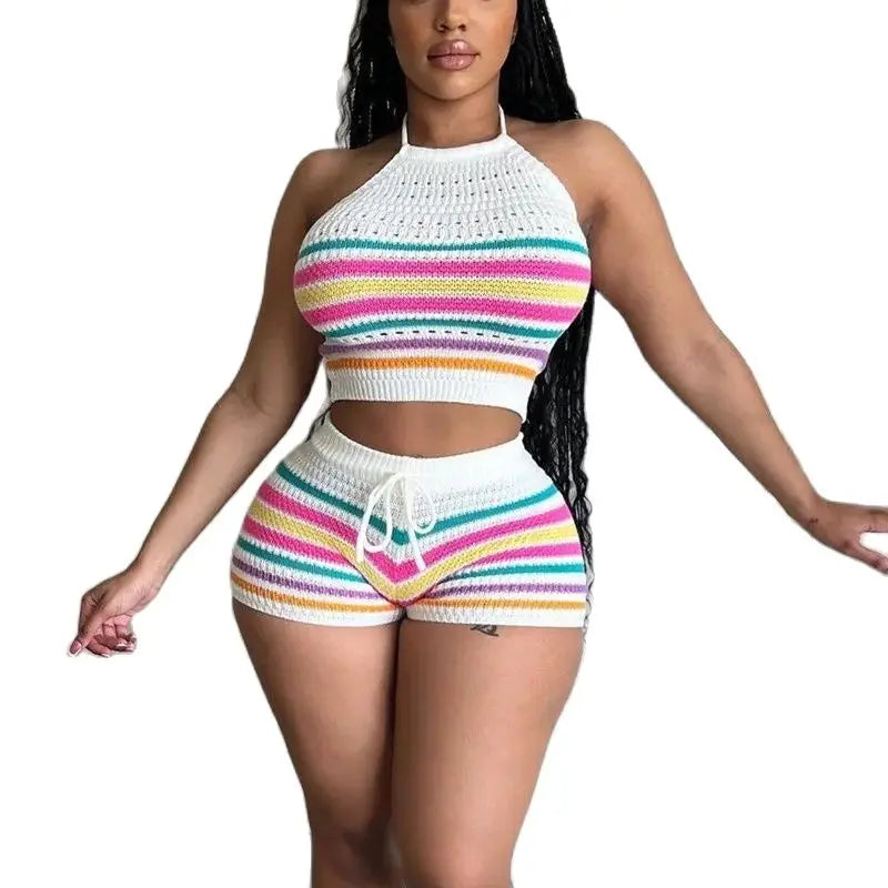 TAMBREET Women Suits Hhanging Neck Lace-up Sleeveless Backless Tops Female Casual Knitted Rainbow Stripes Two Piece Sets Slim Fit Shorts