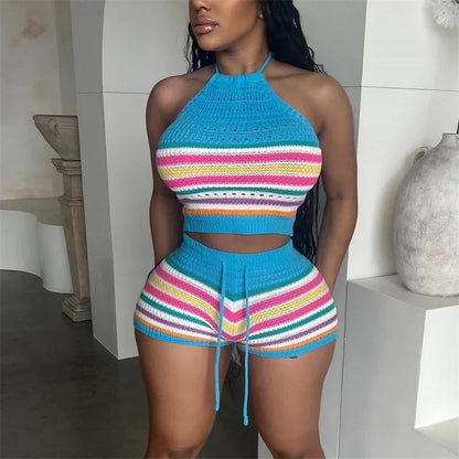 TAMBREET Women Suits Hhanging Neck Lace-up Sleeveless Backless Tops Female Casual Knitted Rainbow Stripes Two Piece Sets Slim Fit Shorts