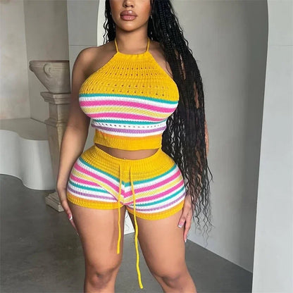 TAMBREET Women Suits Hhanging Neck Lace-up Sleeveless Backless Tops Female Casual Knitted Rainbow Stripes Two Piece Sets Slim Fit Shorts